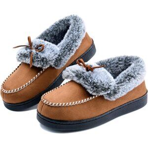Women's Brown Fuzzy Fluffy Warm Winter Soft Closed Back Fur Lined Slippers Boot